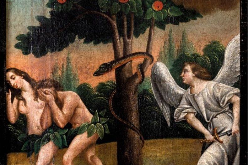 Obraz przedstawia Adama i Ewę, na drzewie ukazany został wąż, z prawej strony Anioł z mieczem w dłoni